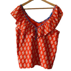 J. Crew Classic Floral Block Ruffle V Neck Orange Summer Top Size Small